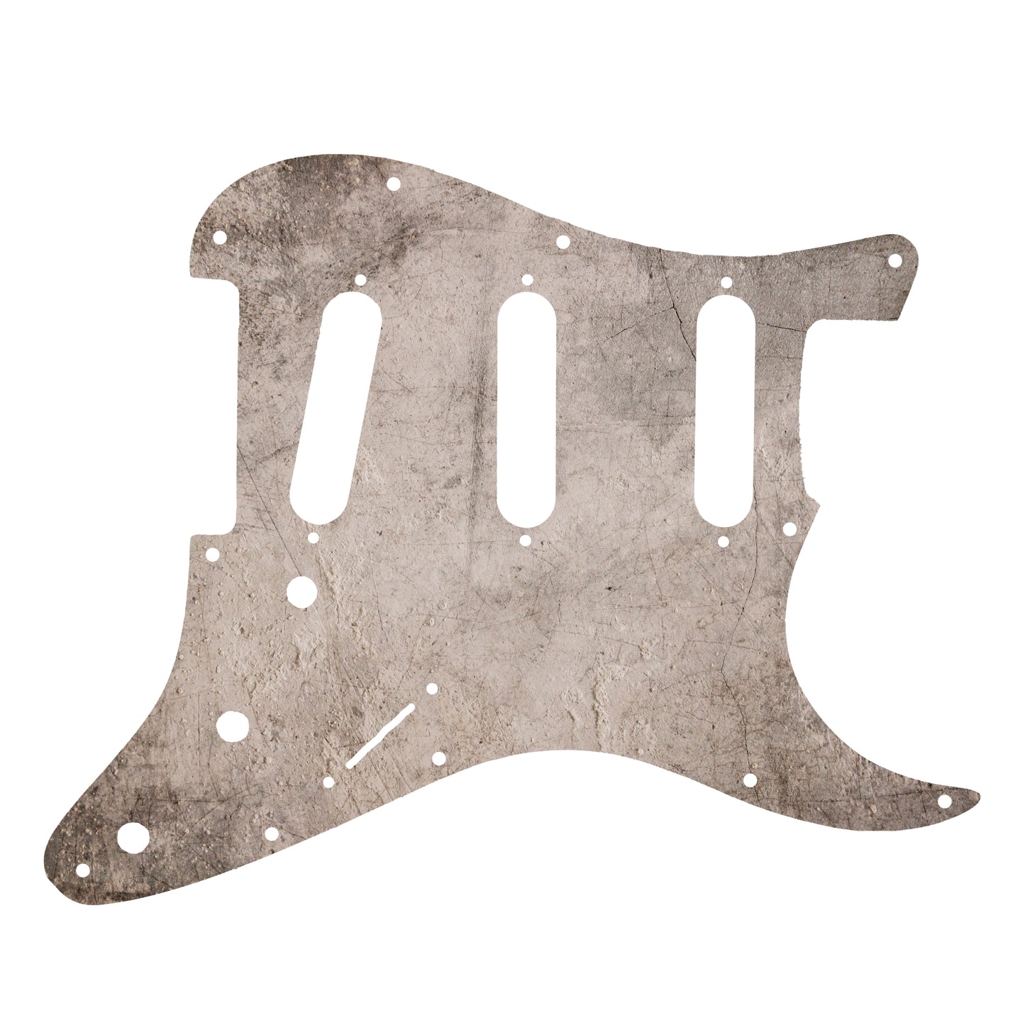 Egyedi Stratocaster gitárkoptató kopott fémhatású designnal – tökéletes vintage és industrial stílusú gitárokhoz.