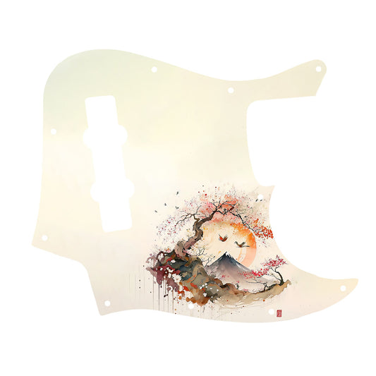 Egyedi Fender Jazz Bass gitár koptató ívelt cseresznyefával, távoli hegycsúccsal és naplementében repülő madarakkal