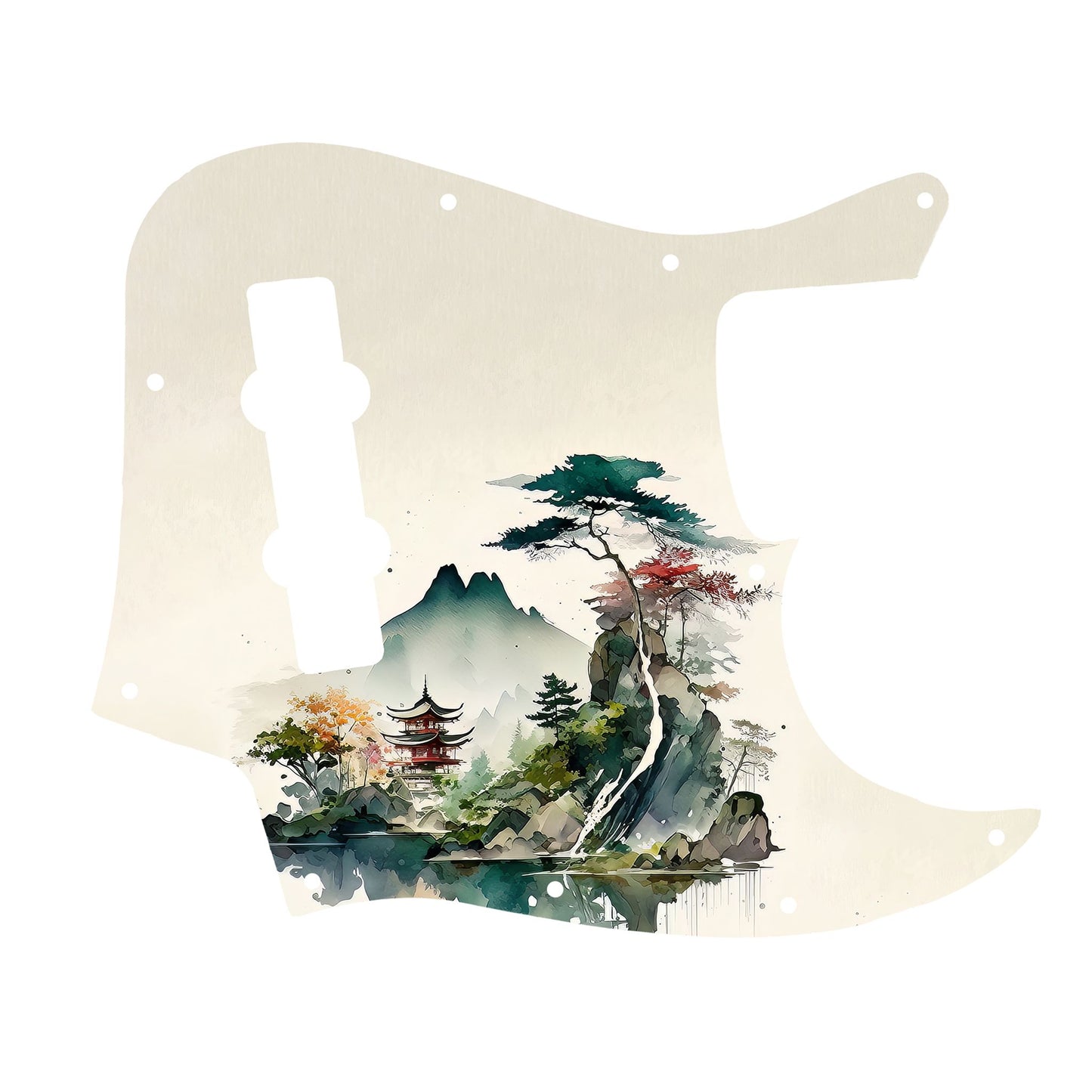Egyedi Fender Jazz Bass gitár koptató hegyekkel, tóparti pagodával és színes lombú fákkal a nyugodt tájban