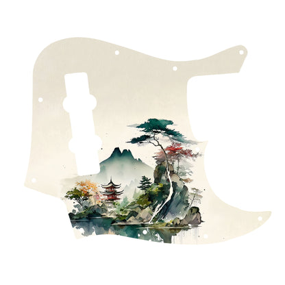 Egyedi Fender Jazz Bass gitár koptató hegyekkel, tóparti pagodával és színes lombú fákkal a nyugodt tájban