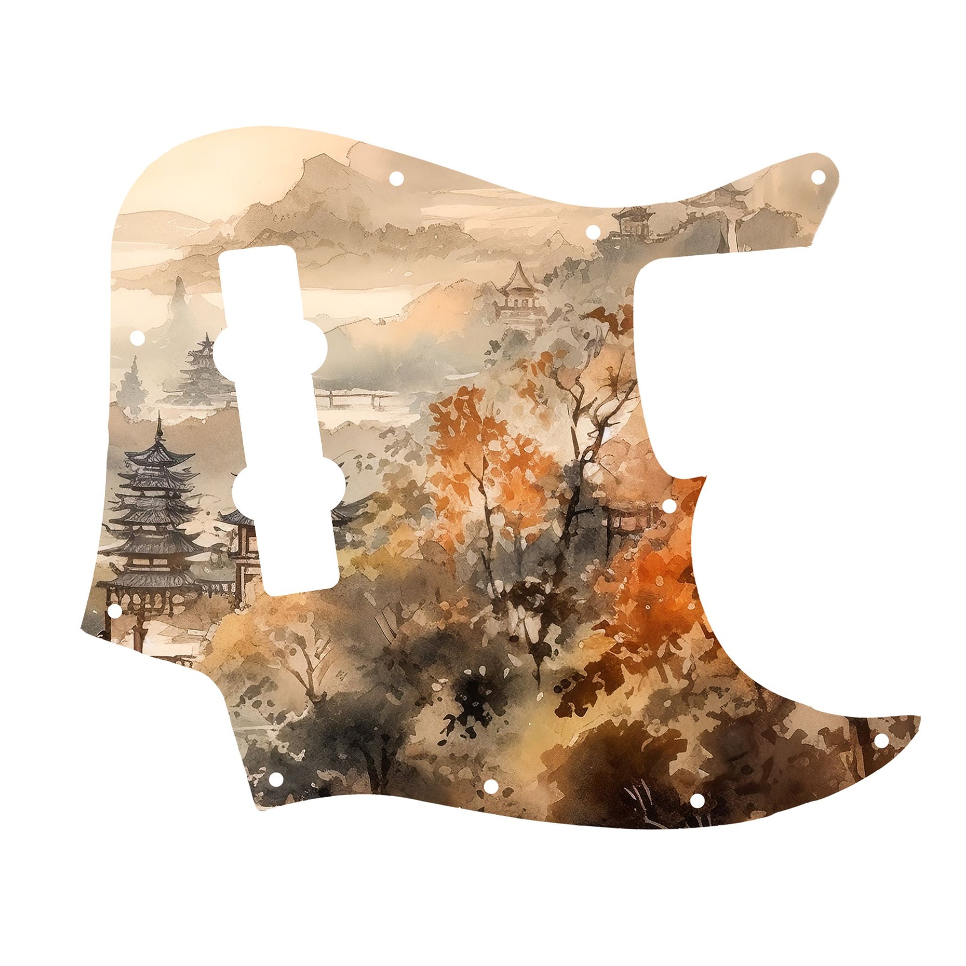 Egyedi Fender Jazz Bass gitár koptató őszi színekben pompázó fákkal, hagyományos pagodákkal és ködbe burkolózó hegyekkel