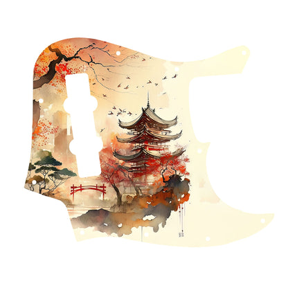 Egyedi Fender Jazz Bass gitár koptató vörös pagodával, őszi lombú fákkal és madárrajjal a narancsos égbolt alatt