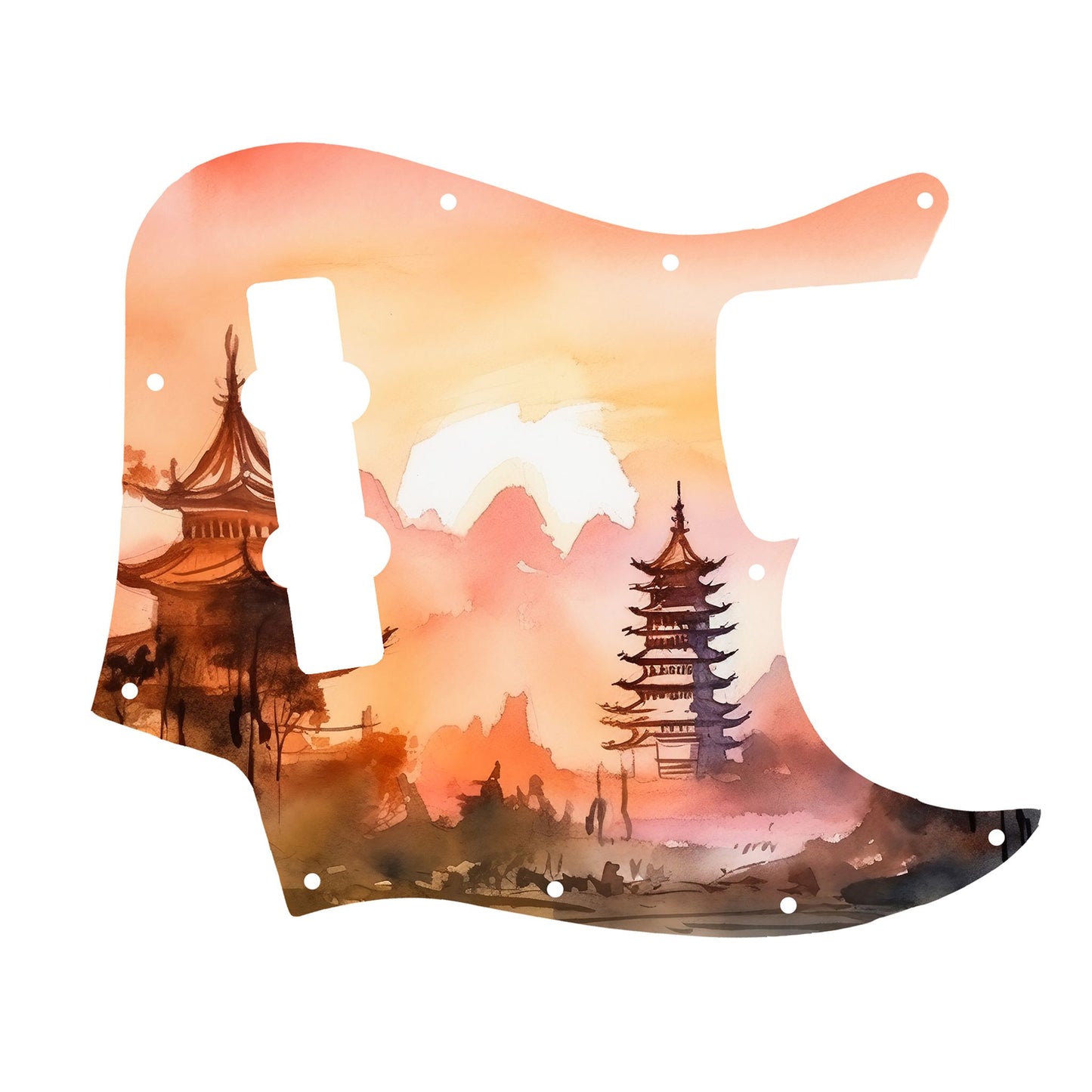 Egyedi Fender Jazz Bass gitár koptató naplemente árnyalataival, hagyományos pagodákkal és hegyvonulatokkal a háttérben