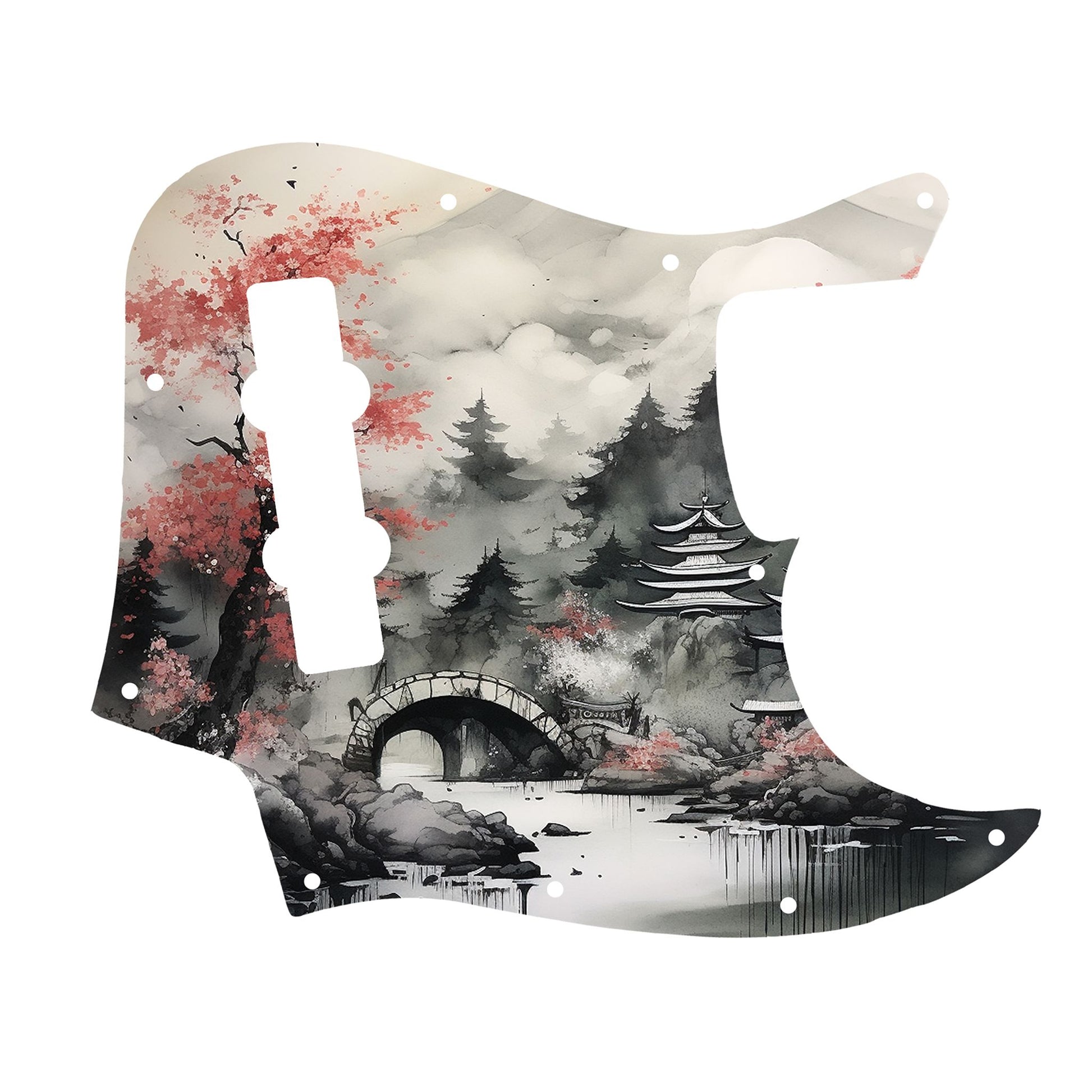 Egyedi Fender Jazz Bass gitár koptató japán cseresznyefával, kőhíddal és hegyekkel a ködös tájban