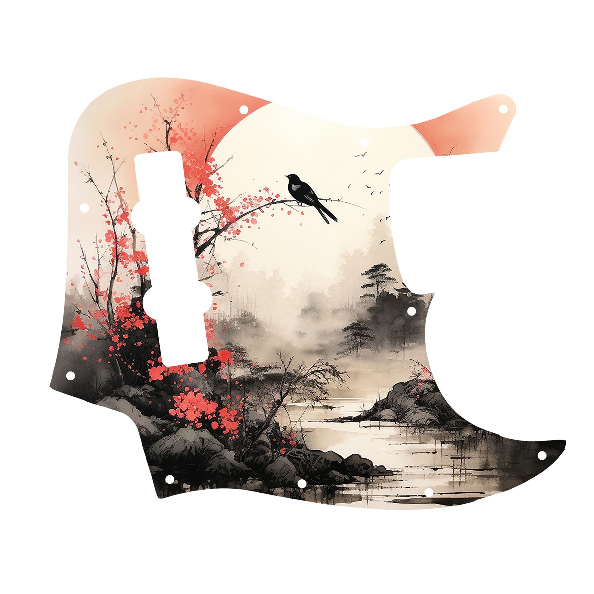 Egyedi Fender Jazz Bass gitár koptató vörös virágzó fával, ágon ülő madárral és ködös folyóparti tájképpel a háttérben