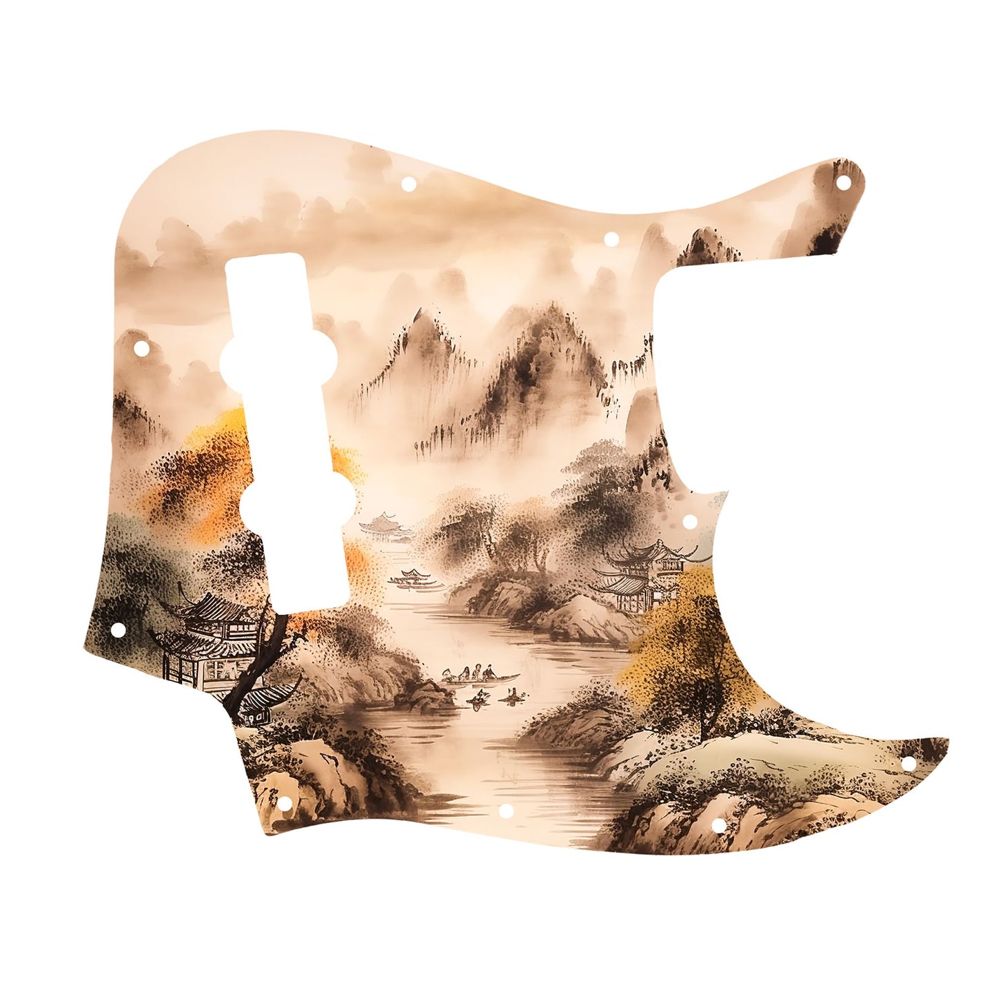 Egyedi Fender Jazz Bass gitár koptató tradicionális tájképpel, narancssárga lombú fával, hegyekkel és folyón evező csónakokkal