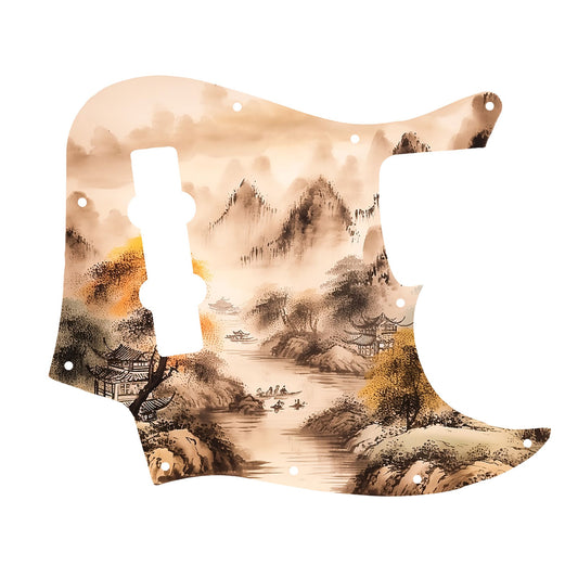 Egyedi Fender Jazz Bass gitár koptató tradicionális tájképpel, narancssárga lombú fával, hegyekkel és folyón evező csónakokkal