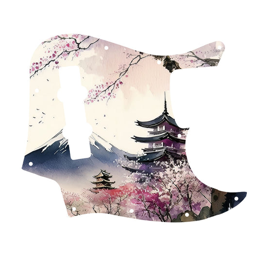 Egyedi Fender Jazz Bass gitár koptató cseresznyevirágzó fákkal, hagyományos pagodákkal és hófödte hegycsúccsal a háttérben