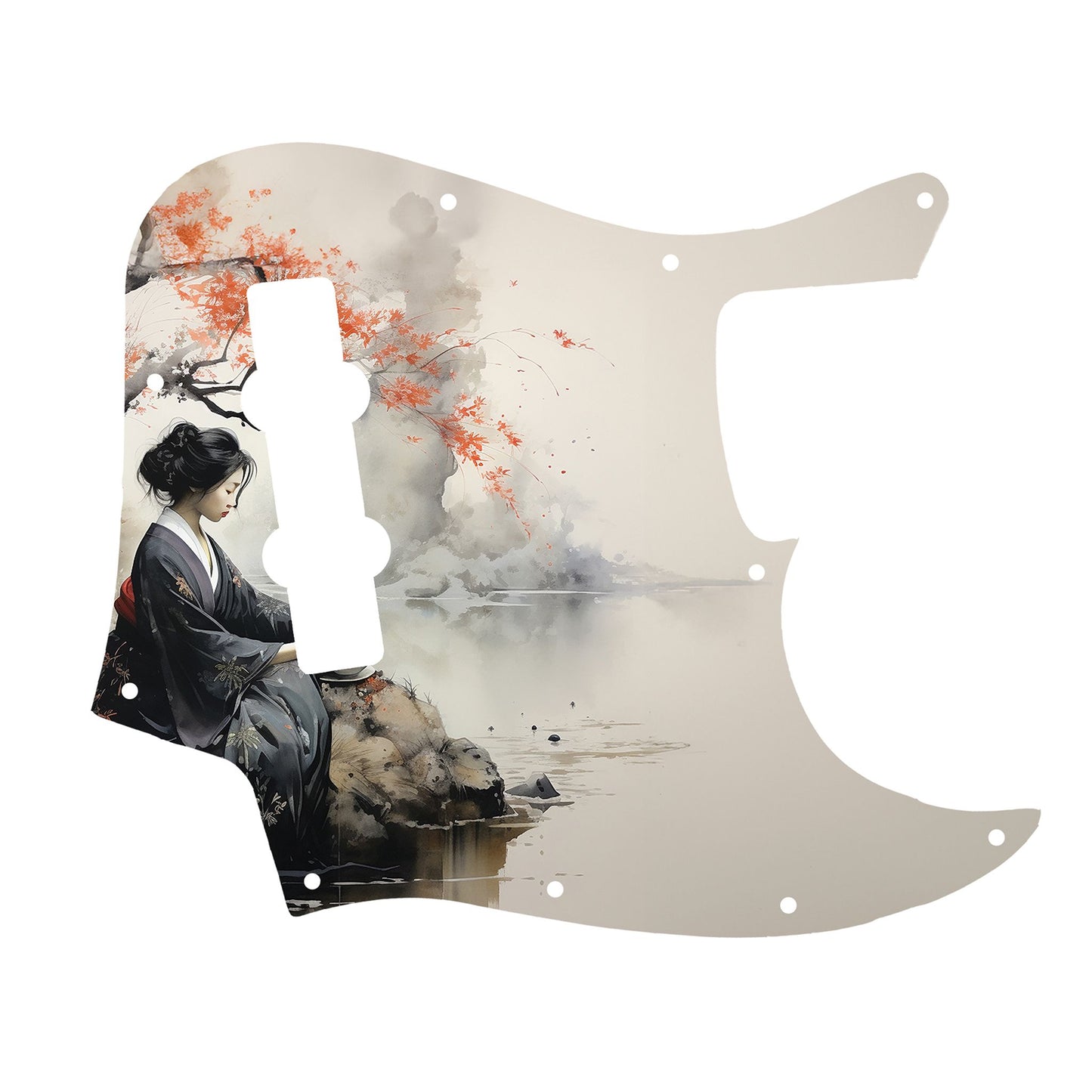 Egyedi Fender Jazz Bass gitár koptató japán nőalak ábrázolásával, fekete kimonóban, vörös levelű fa alatt ülve a folyóparton