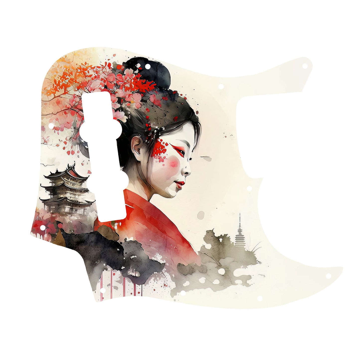 Egyedi Fender Jazz Bass gitár koptató piros kimonót viselő japán nő portréjával, virágdíszítéssel és pagodával a háttérben