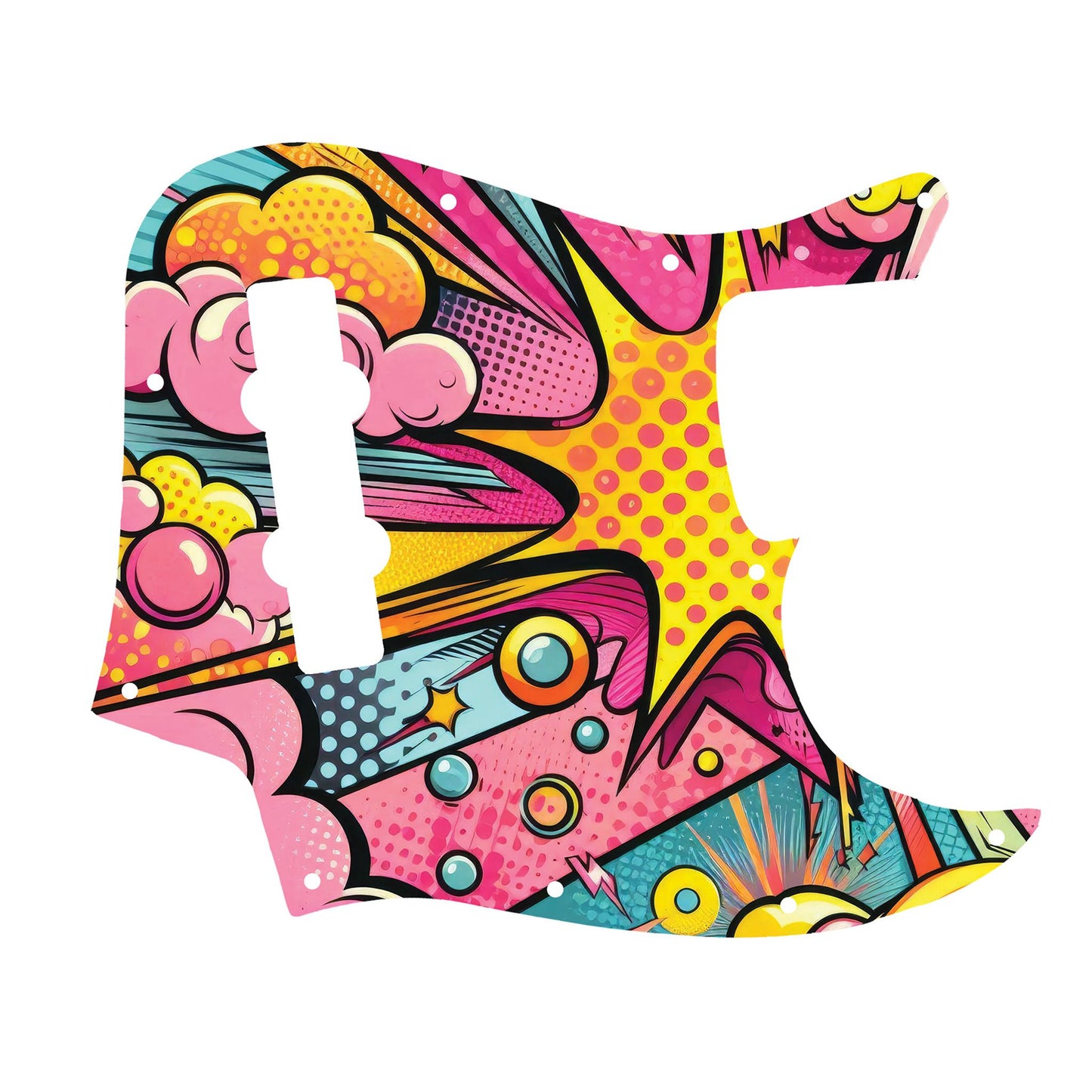 Egyedi Fender Jazz Bass gitár koptató vibráló pop-art mintázattal, sárga, rózsaszín és türkiz árnyalatokkal és energikus megjelenéssel