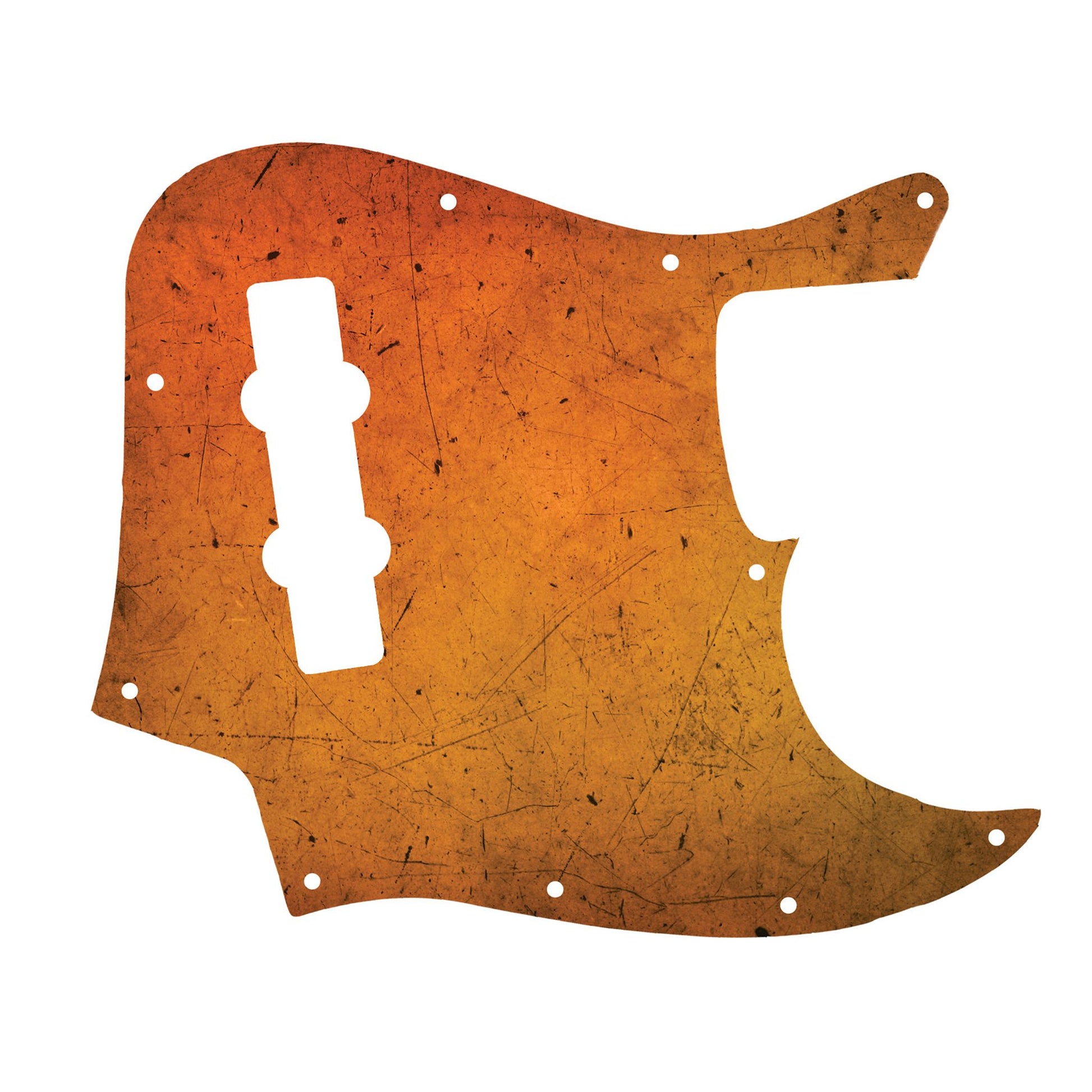 Egyedi Fender Jazz Bass gitár koptató élénk narancssárga tónusokkal, karcos felületi mintázattal és retró hatású megjelenéssel