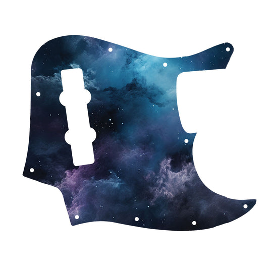 Egyedi Fender Jazz Bass gitárkoptató kozmikus mintázattal, kékes-lilás árnyalatokkal és csillagokkal díszített galaxis hatással