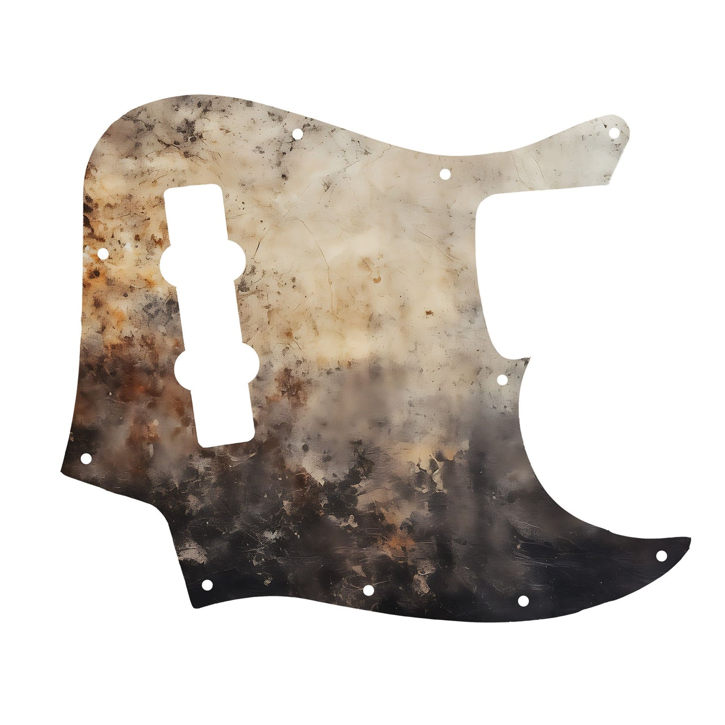 Egyedi Fender Jazz Bass gitár koptató füstös hatású textúrával, bézs és fekete árnyalatokkal, valamint finom rozsdafoltokkal