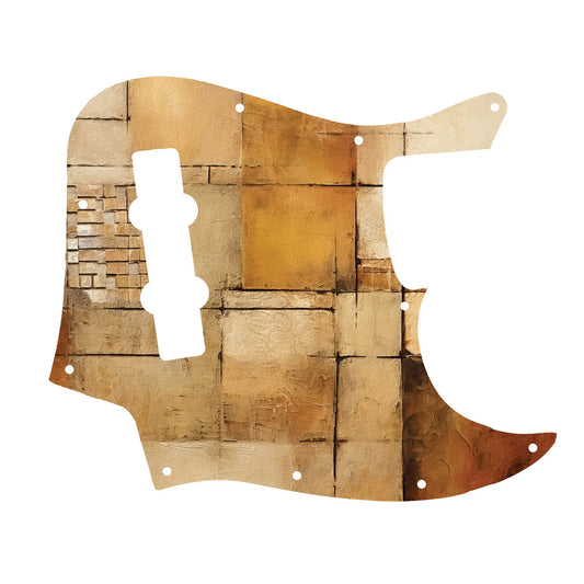 Egyedi Fender Jazz Bass gitár koptató meleg bézs és arany tónusokkal, geometrikus mintákkal és texturált felülettel