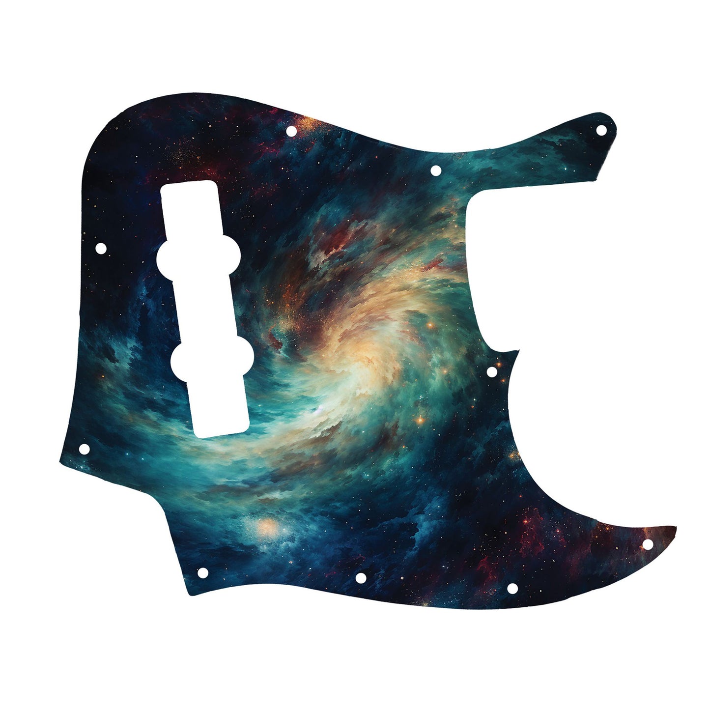 Egyedi Fender Jazz Bass gitár koptató örvénylő galaxis mintázattal, mélykék és arany árnyalatokkal, valamint szórtan ragyogó csillagokkal