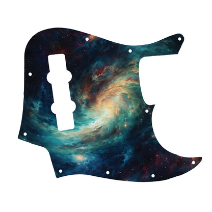 Egyedi Fender Jazz Bass gitár koptató örvénylő galaxis mintázattal, mélykék és arany árnyalatokkal, valamint szórtan ragyogó csillagokkal