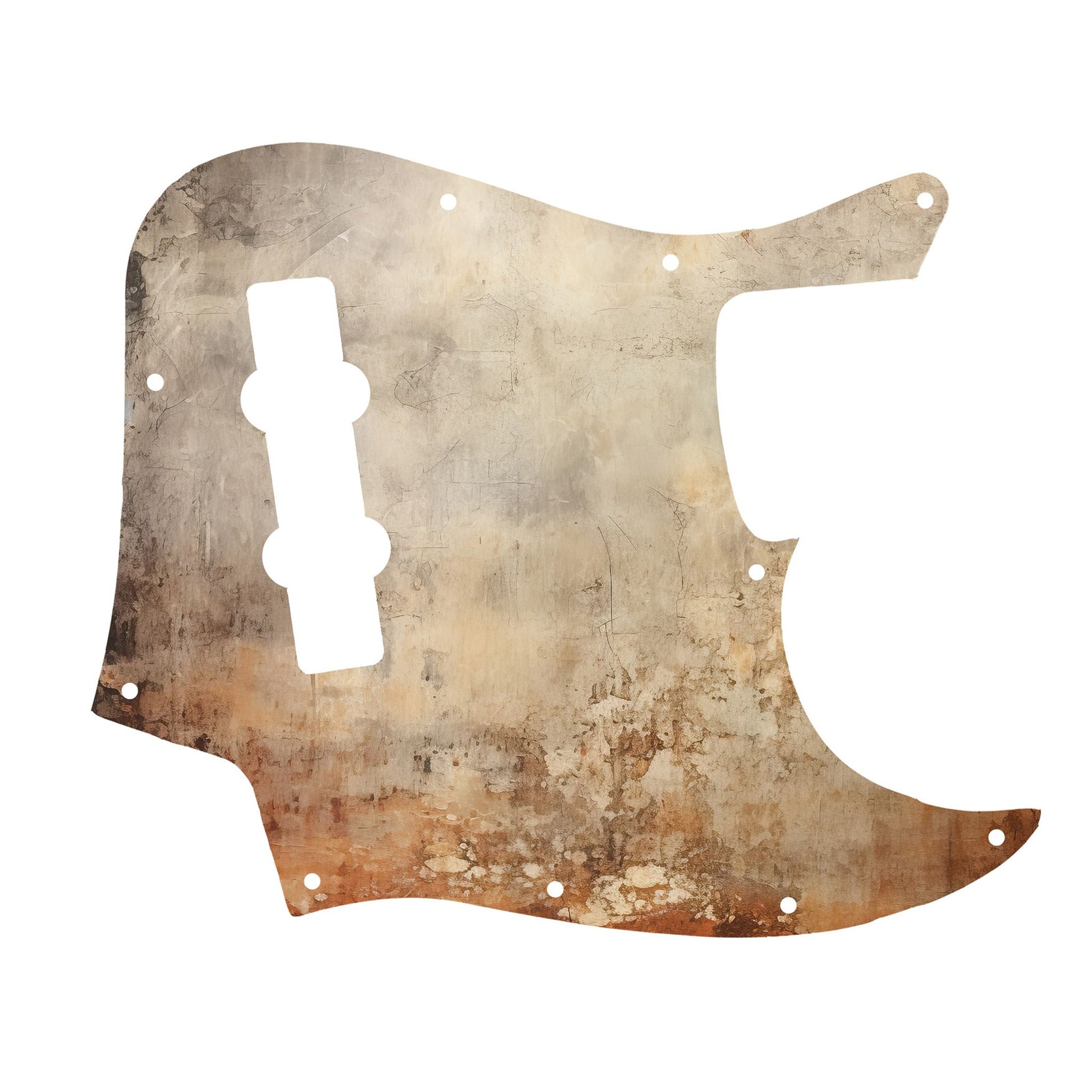 Egyedi Fender Jazz Bass gitár koptató rozsdásodó fémhatással, fakó bézs tónusokkal és mély narancsos oxidált foltokkal