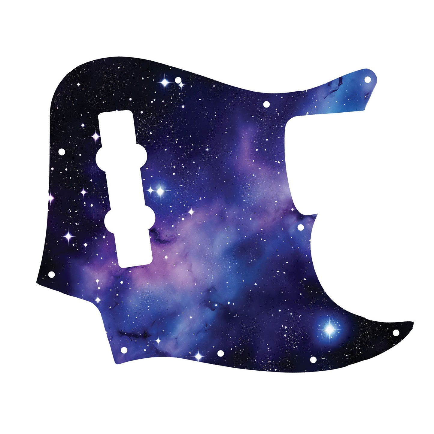 Egyedi Fender Jazz Bass gitár koptató lila-kék galaxis mintázattal, ragyogó csillagokkal és ködös űrhatással a kozmikus megjelenésért