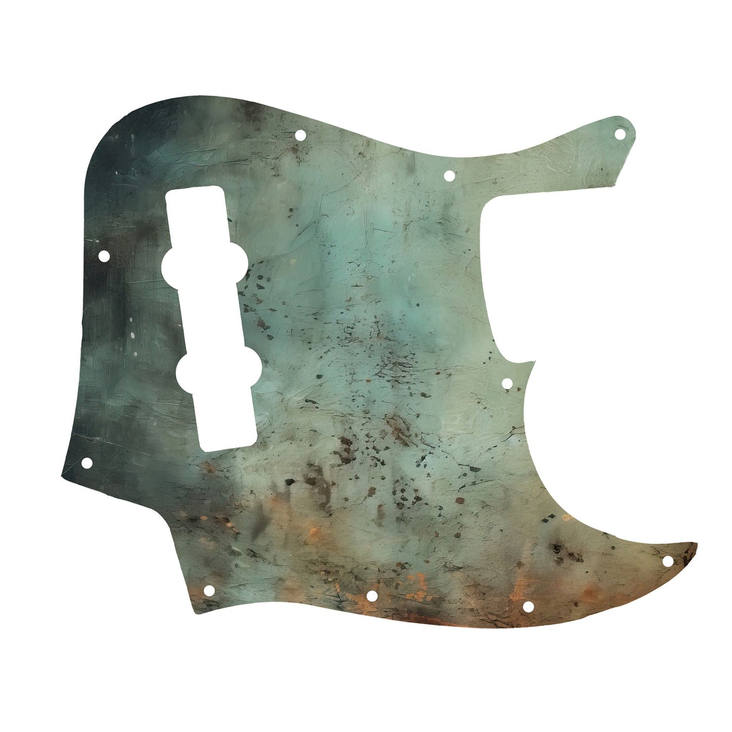 Egyedi Fender Jazz Bass gitár koptató patinás réz textúrával, oxidált zöldes árnyalatokkal és rusztikus rozsdafoltokkal