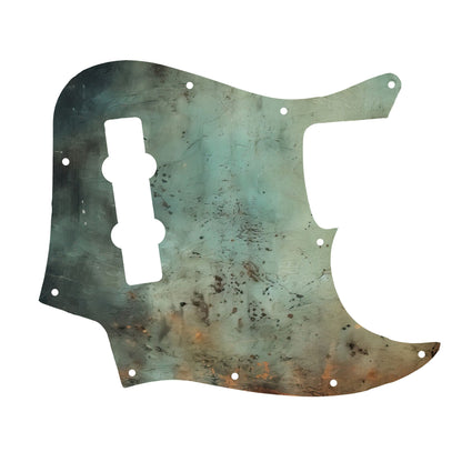 Egyedi Fender Jazz Bass gitár koptató patinás réz textúrával, oxidált zöldes árnyalatokkal és rusztikus rozsdafoltokkal