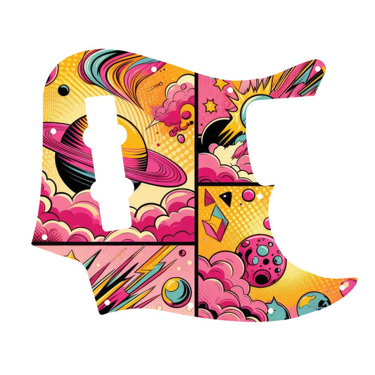 Egyedi Fender Jazz Bass gitár koptató színes galaktikus pop-art dizájnnal, élénk rózsaszín, sárga és kék árnyalatokkal
