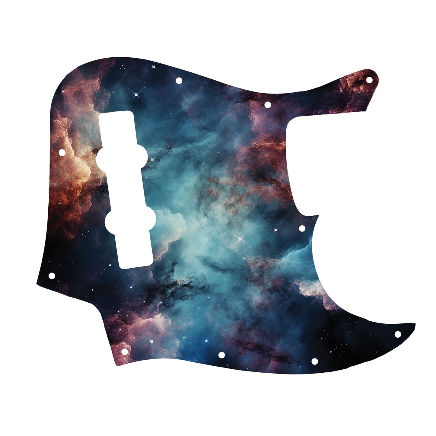 Egyedi Fender Jazz Bass gitár koptató kék és bordó galaxis mintázattal, kavargó ködfelhőkkel és finoman szórt csillagokkal