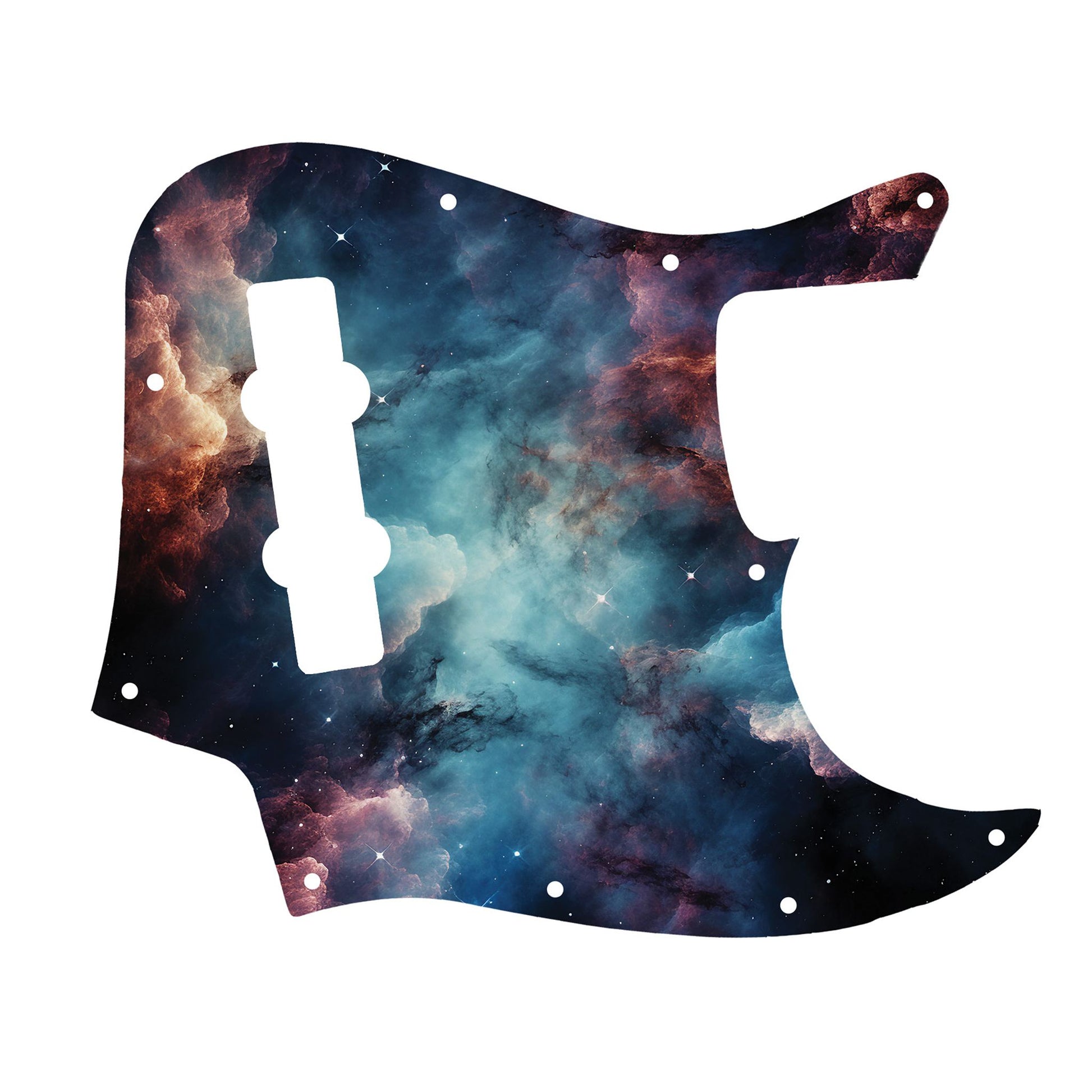 Egyedi Fender Jazz Bass gitár koptató kék és bordó galaxis mintázattal, kavargó ködfelhőkkel és finoman szórt csillagokkal