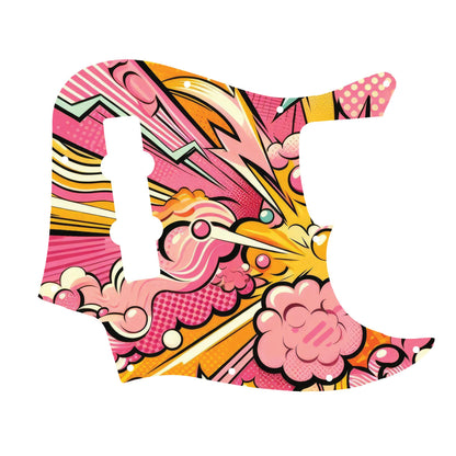 Egyedi Fender Jazz Bass gitár koptató vibráló pop-art mintázattal, rózsaszín, sárga és türkizkék elemekkel és energikus megjelenéssel