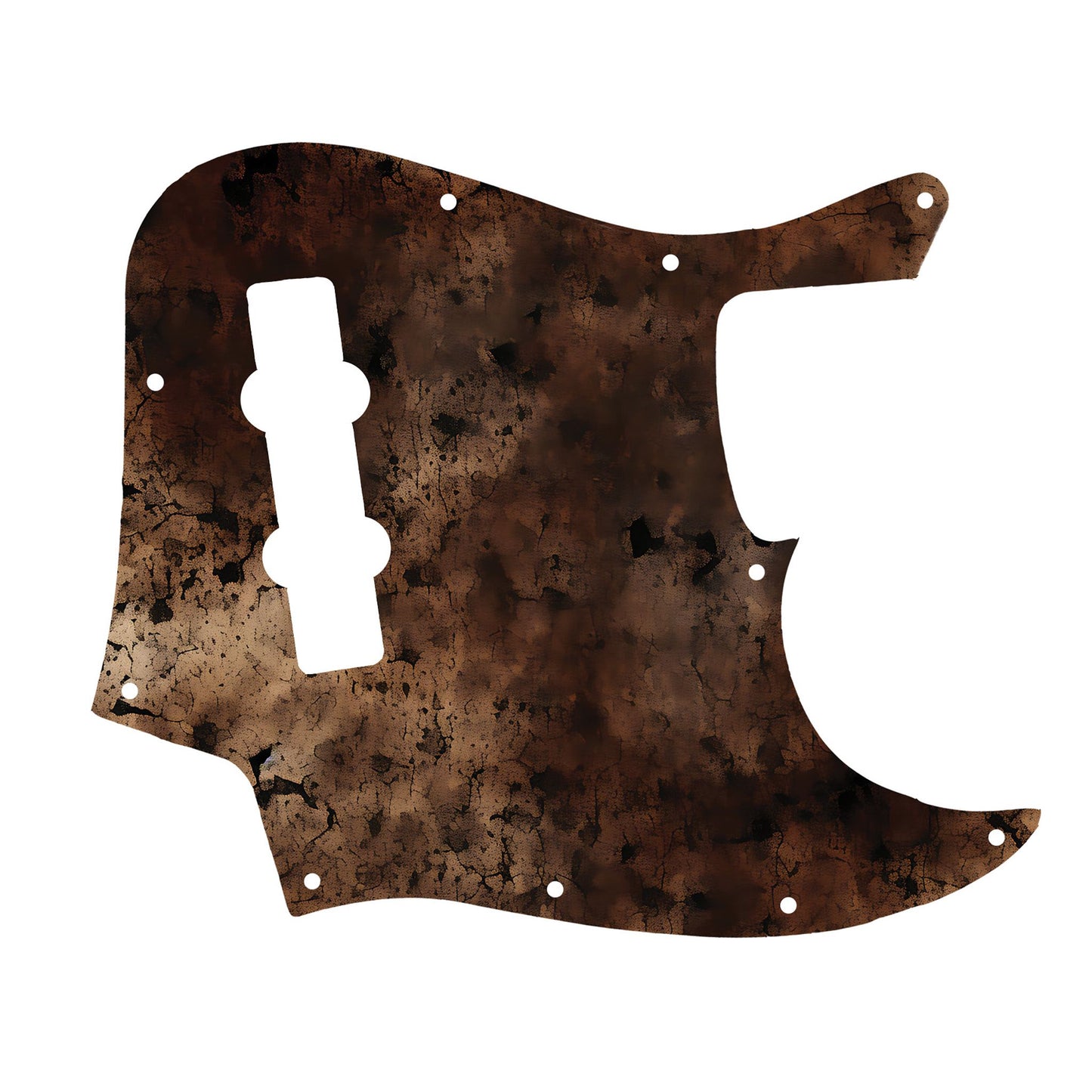 Egyedi Fender Jazz Bass gitár koptató sötét, repedezett textúrával, barnás-vöröses tónusokkal és égett hatású mintázattal