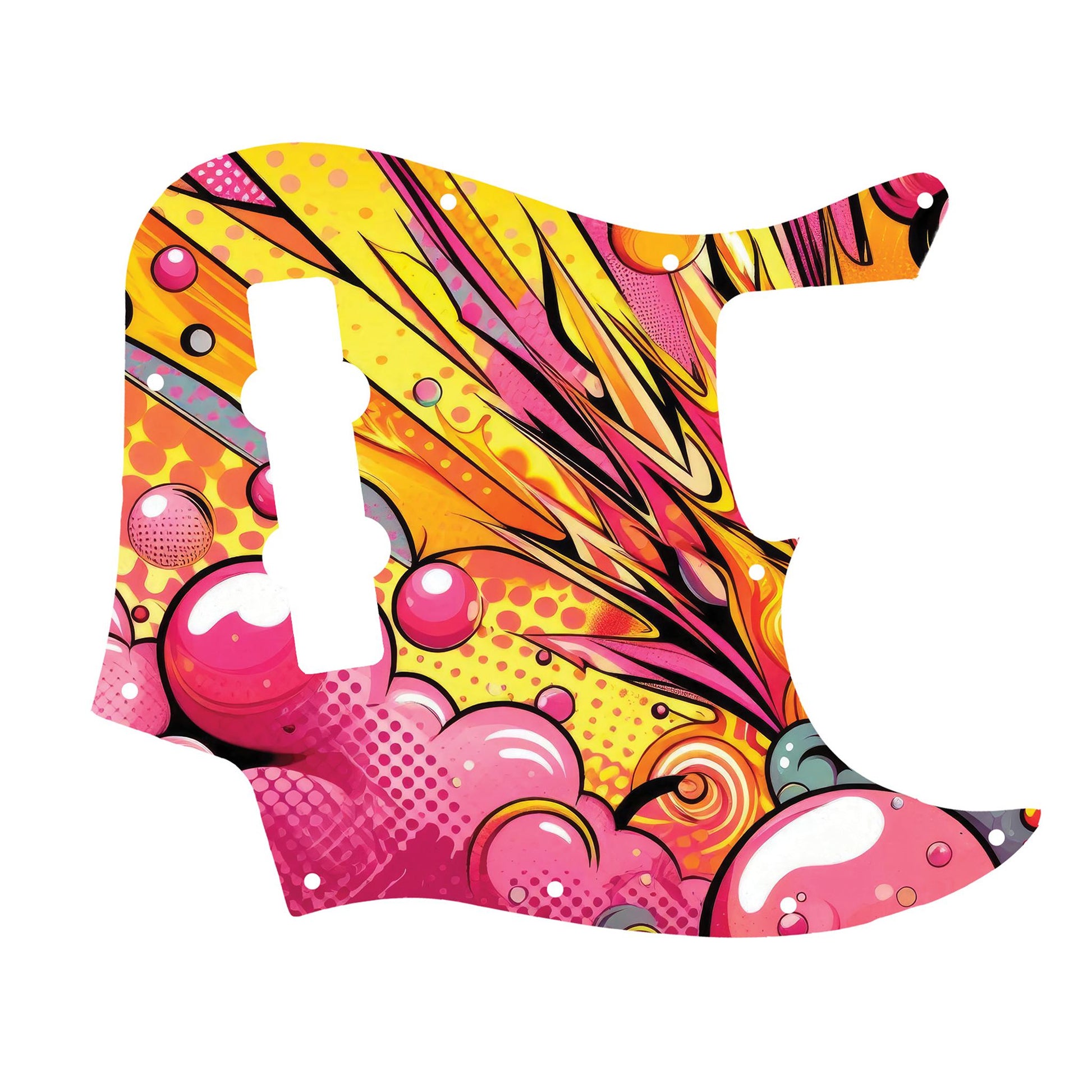 Egyedi Fender Jazz Bass gitár koptató színes pop-art stílusban, energikus sárga és rózsaszín árnyalatokkal és modern mintázattal