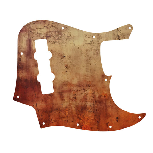 Egyedi Fender Jazz Bass gitár koptató repedezett, rozsdaárnyalatú textúrával, mélyvörös és barnás tónusokkal