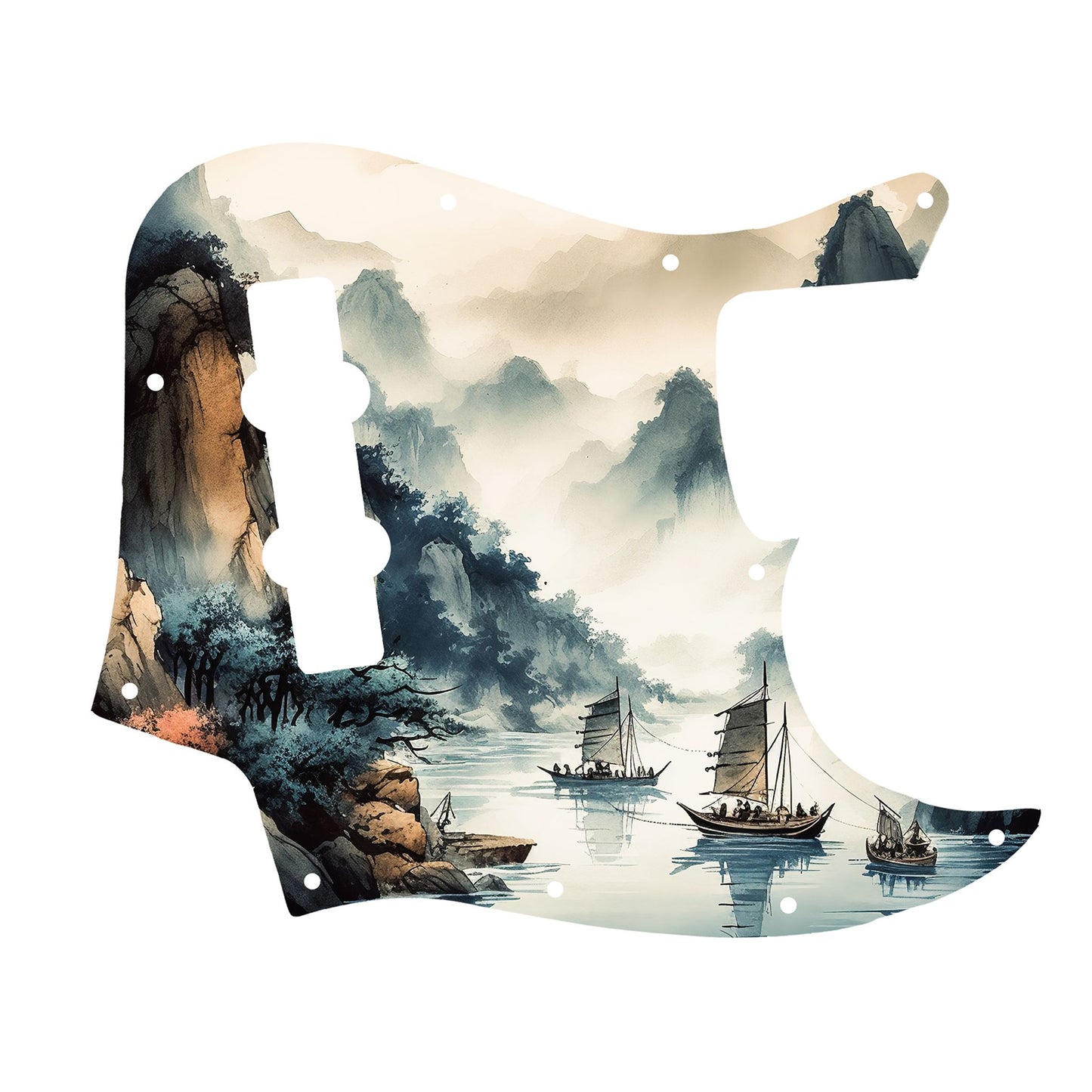 Egyedi Fender Jazz Bass gitár koptató festői tájképpel, hegyekkel, fákkal és hagyományos vitorlás hajókkal a nyugodt vízen