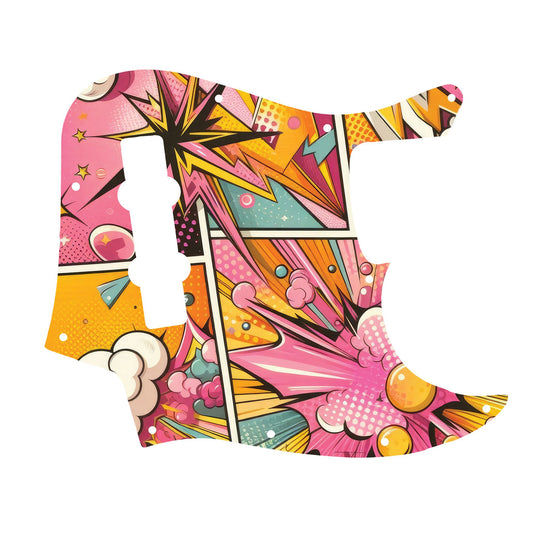 Egyedi Fender Jazz Bass gitár koptató lendületes pop-art mintázattal, erőteljes rózsaszín, sárga és kék árnyalatokkal