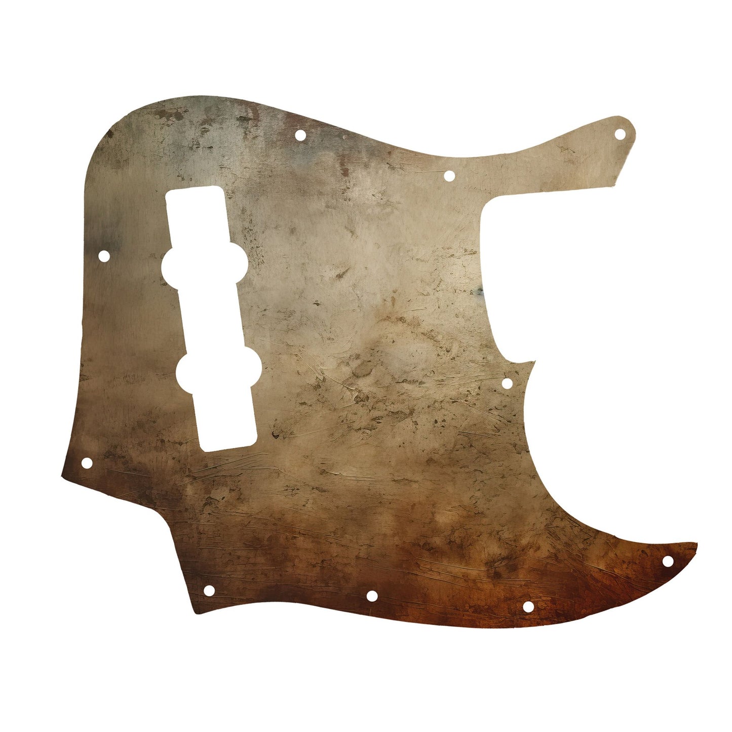 Egyedi Fender Jazz Bass gitár koptató antik bronz textúrával, sötét patinás árnyalatokkal és mély rozsdafoltokkal