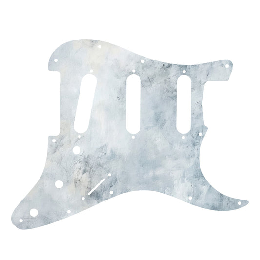 Egyedi Stratocaster gitár koptató pasztell árnyalatokkal és finom mintázattal, amely elegáns és különleges hatást kelt