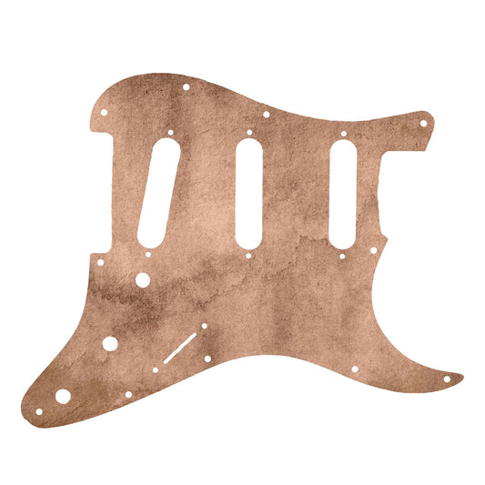 Egyedi Stratocaster pickguard patinás, földszínű árnyalattal, amely különleges karaktert ad a gitárnak