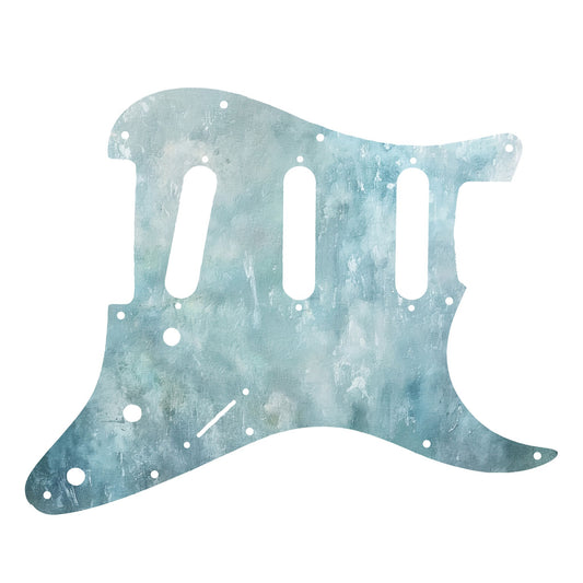 Egyedi Stratocaster gitár koptató vízkék, felhőmintás textúrával, amely friss és légies megjelenést biztosít