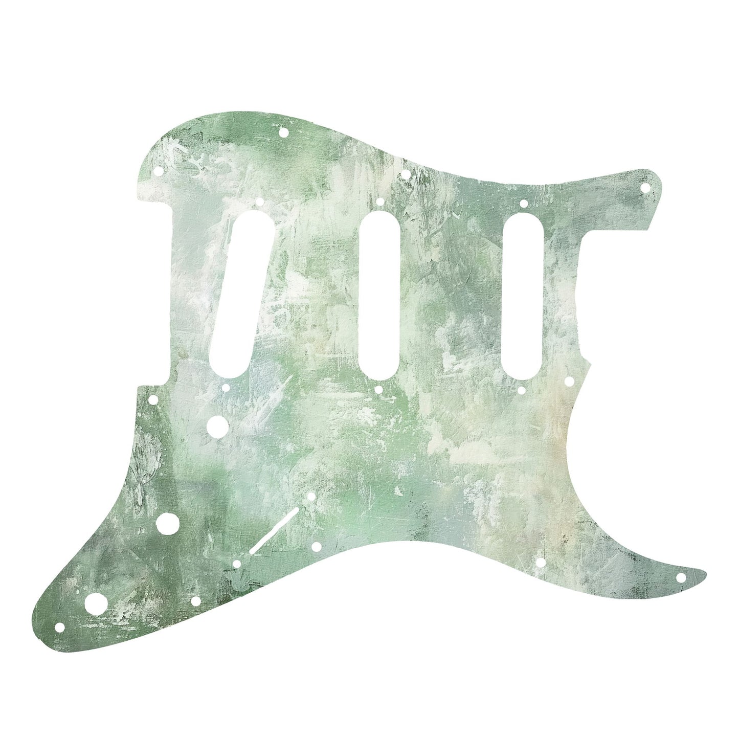 Egyedi Stratocaster gitár koptató zöldes-fehér árnyalatokkal, kopottas, festői dizájnnal díszítve