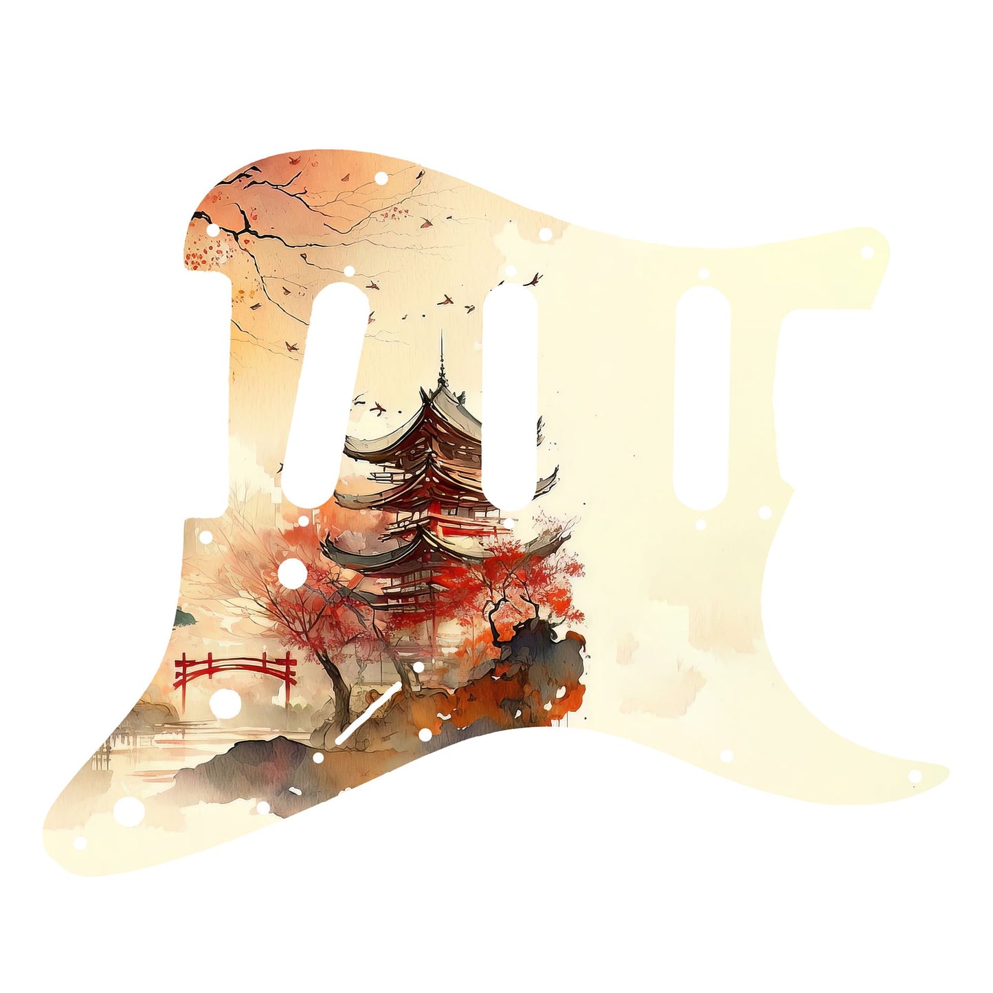 Egyedi Fender Stratocaster gitár koptató vörös pagodával, őszi lombú fákkal és madárrajjal a narancsos égbolt alatt