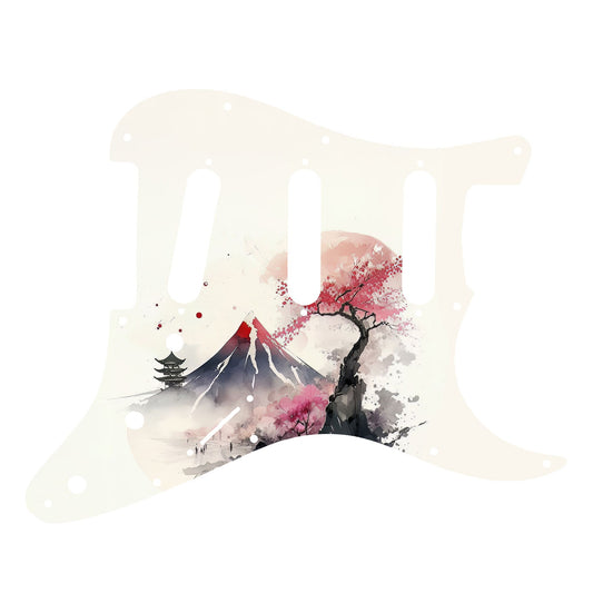 Egyedi Fender Stratocaster gitár koptató hófödte hegycsúccsal, cseresznyevirágzó fákkal és pagodával a ködös tájban