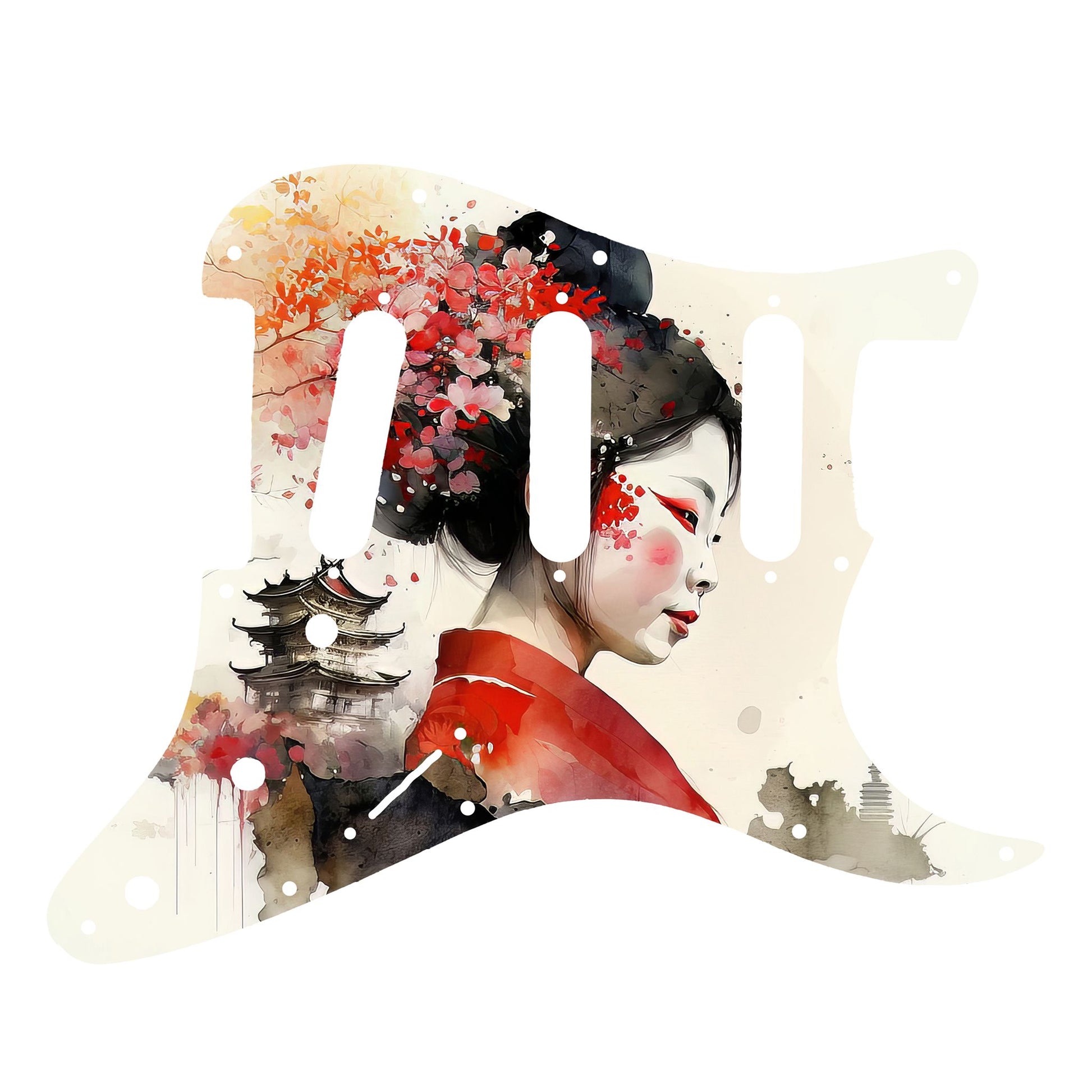 Egyedi Fender Stratocaster gitár koptató piros kimonót viselő japán nő portréjával, virágdíszítéssel és pagodával a háttérben