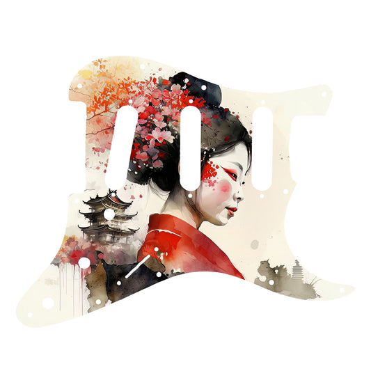 Egyedi Fender Stratocaster gitár koptató piros kimonót viselő japán nő portréjával, virágdíszítéssel és pagodával a háttérben