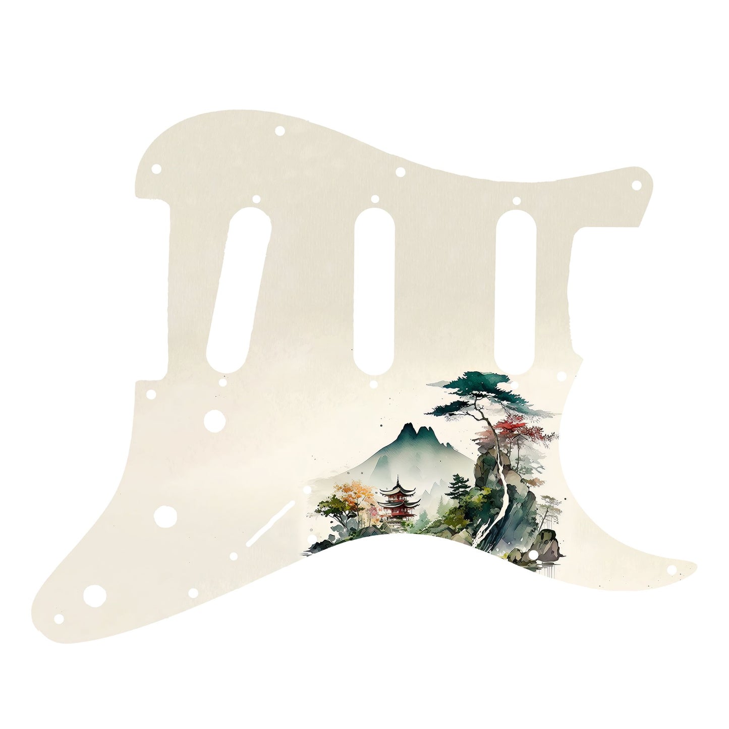 Egyedi Fender Stratocaster gitár koptató hegyekkel, tóparti pagodával és színes lombú fákkal a nyugodt tájban