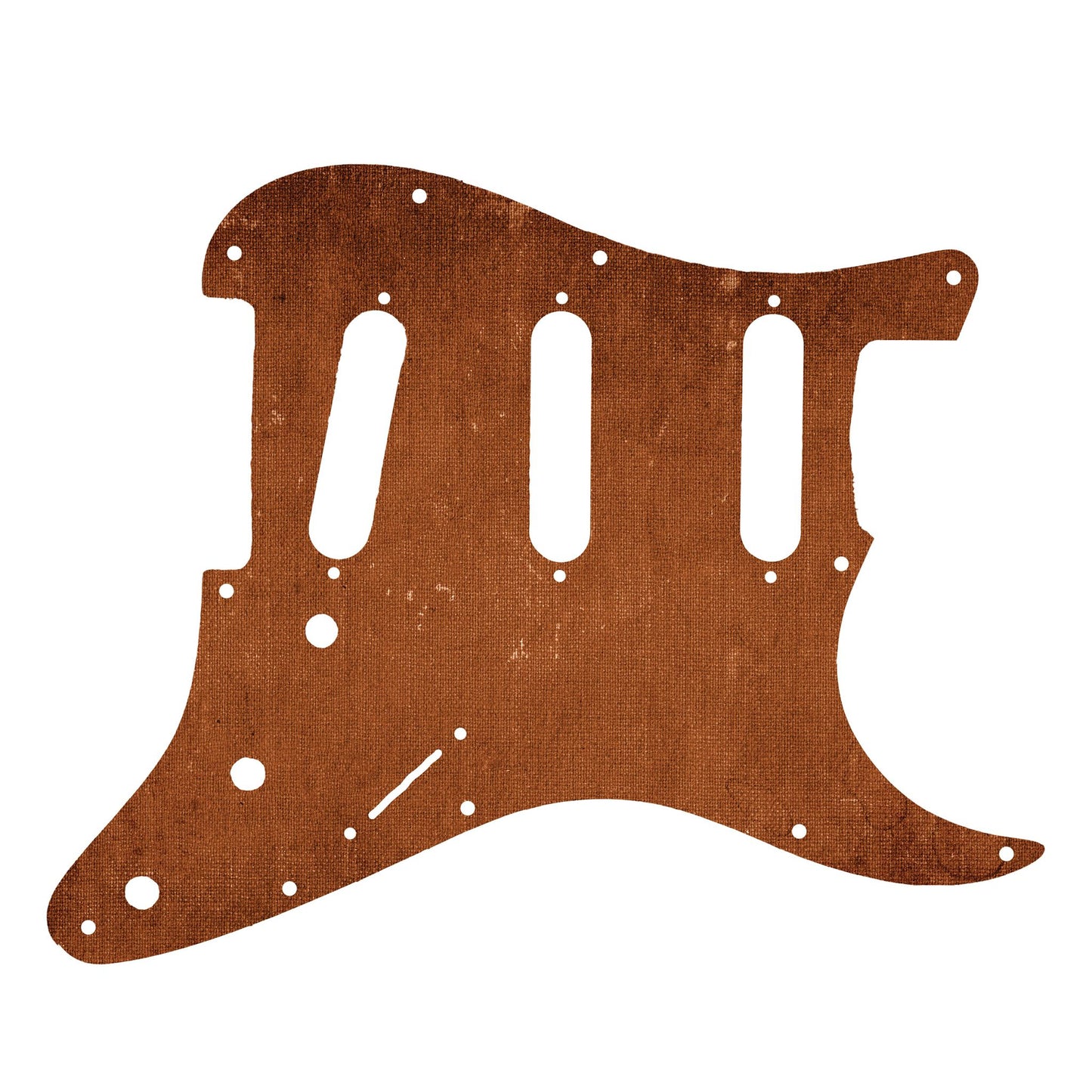 Egyedi Fender Stratocaster gitár koptató meleg barna vászonhatású textúrával, enyhén kopott felülettel és vintage stílusú részletekkel