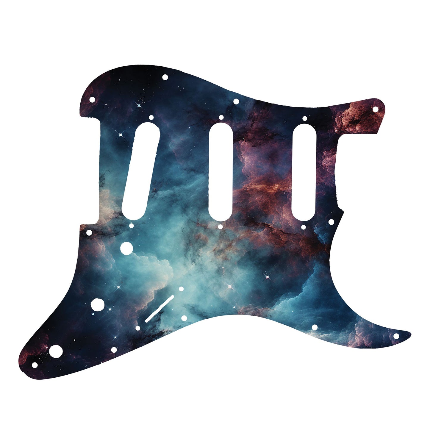 Egyedi Fender Stratocaster gitárkoptató kék és bordó galaxis mintázattal, kavargó ködfelhőkkel és finoman szórt csillagokkal