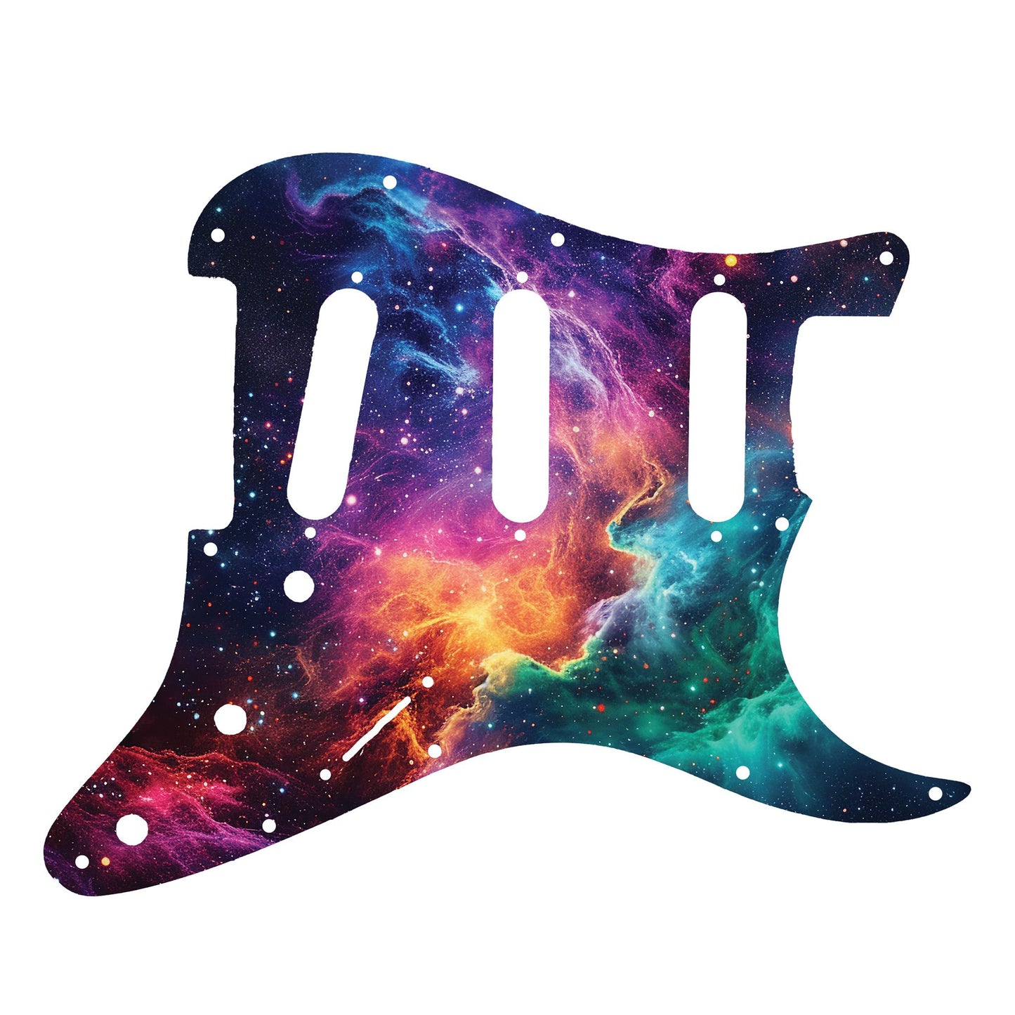 Egyedi Fender Stratocaster gitár koptató élénk galaxis mintázattal, vibráló lila, narancs és kék ködfelhőkkel és ragyogó csillagokkal