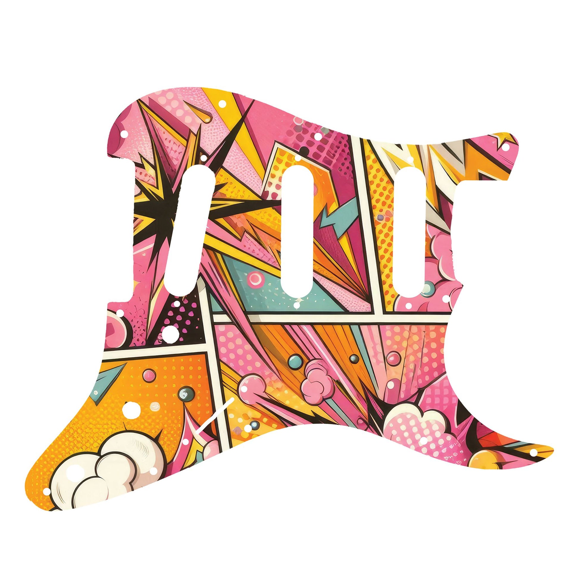 Egyedi Fender Stratocaster gitár koptató színes képregény stílusú grafikával, dinamikus vonalakkal és élénk színekkel