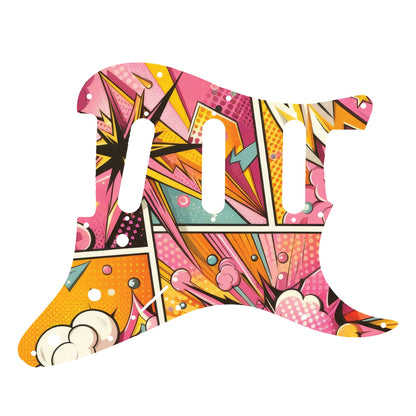 Egyedi Fender Stratocaster gitár koptató színes képregény stílusú grafikával, dinamikus vonalakkal és élénk színekkel