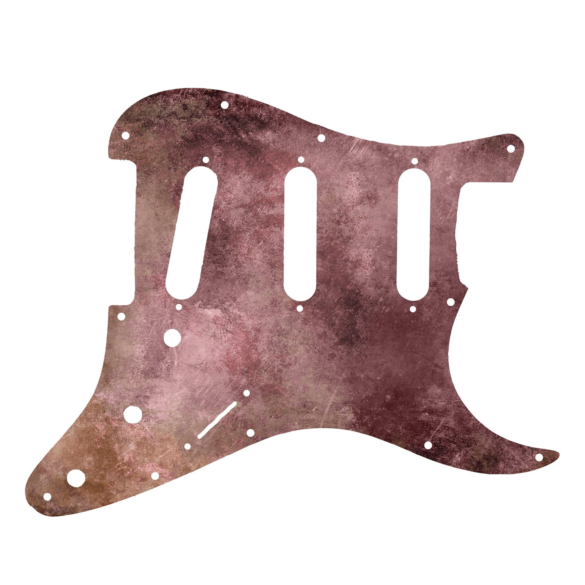 Egyedi Fender Stratocaster gitár koptató mélybordó tónusokkal, oxidált foltokkal és vintage hatású textúrával